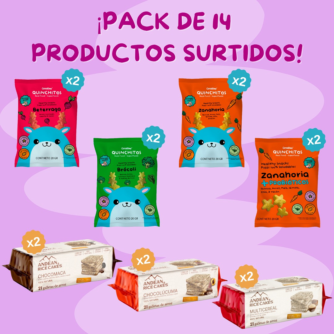 QUINCHITOS (PUFF) PACK SURTIDO VEGETALES X 8 QUINCHITOS Y 6 GALLETAS ANDEAN MIX 1
