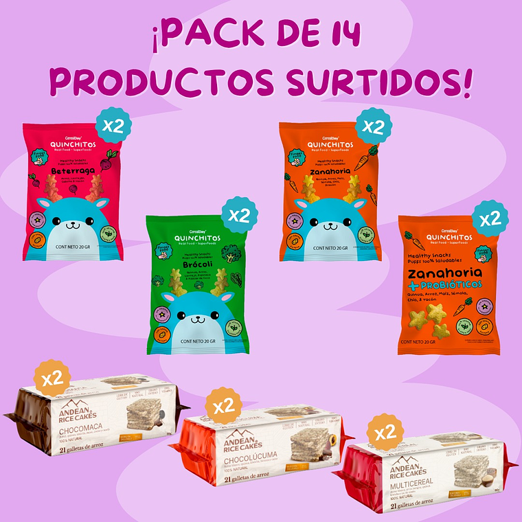 QUINCHITOS (PUFF) PACK SURTIDO VEGETALES X 8 QUINCHITOS Y 6 GALLETAS ANDEAN MIX 1