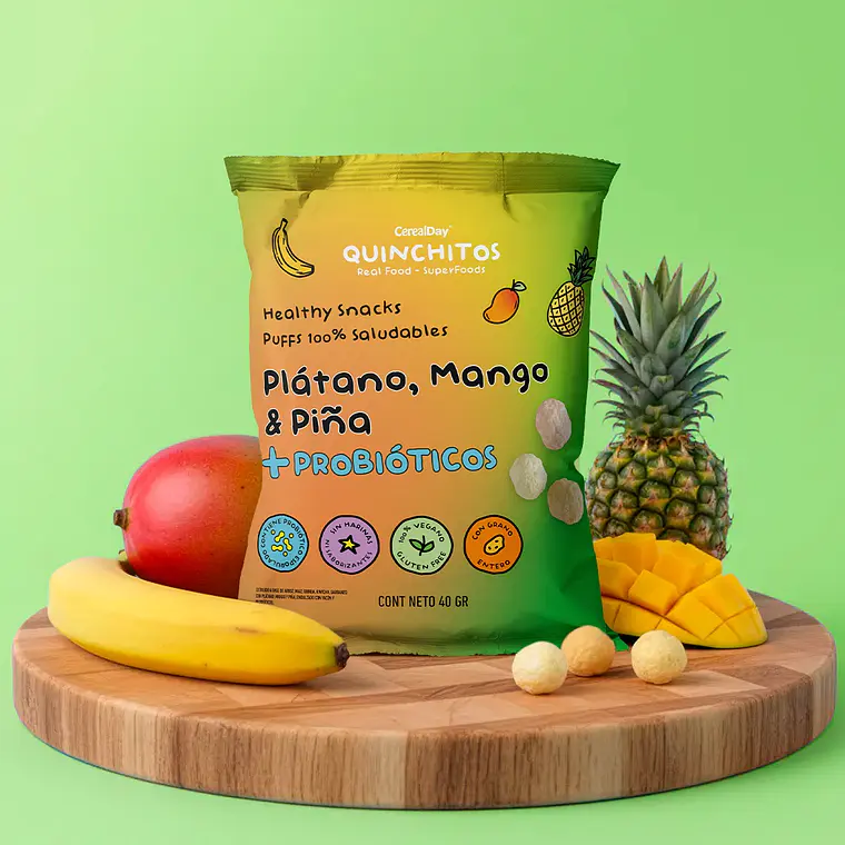 (40g) QUINCHITOS (PUFF) A BASE DE PLATANO, MANGO, PIÑA CON PROBIOTICOS, MAIZ, QUINUA, KIWICHA, GARBANZO, ENDULZADO CON YACÓN 40 g 1