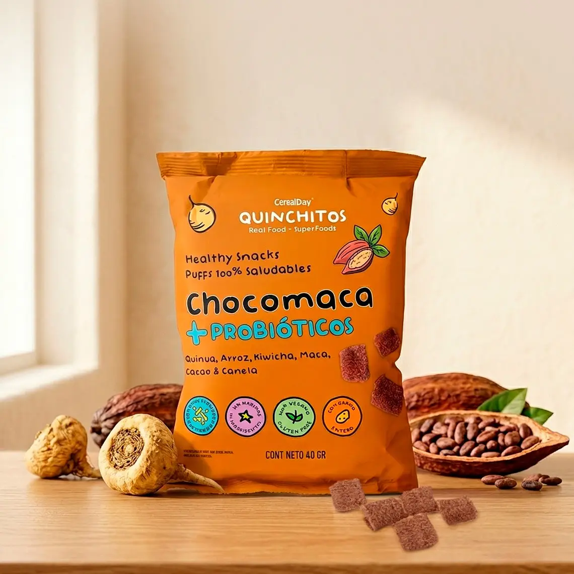 (40g) QUINCHITOS (PUFF) A BASE DE MACA, CACAO, MAIZ, QUINUA, KIWICHA, ARROZ CON PROBIOTICO Y BETAGLUCANO 1