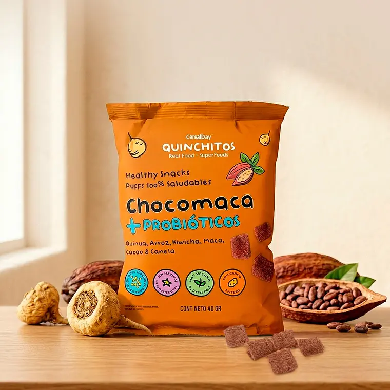 (40g) QUINCHITOS (PUFF) A BASE DE MACA, CACAO, MAIZ, QUINUA, KIWICHA, ARROZ CON PROBIOTICO Y BETAGLUCANO 1