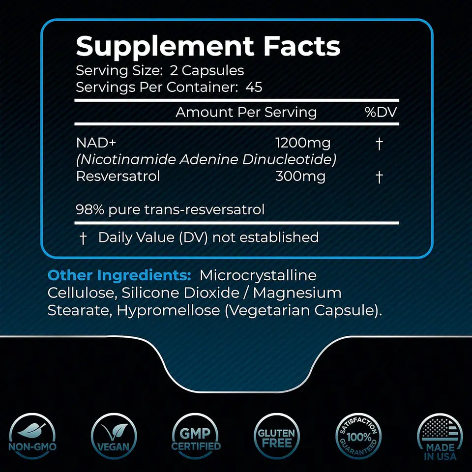 NAD+ CON RESVERATROL 1500 MG 90 CÁPSULAS NO GMO VEGANO WELLNESS  3