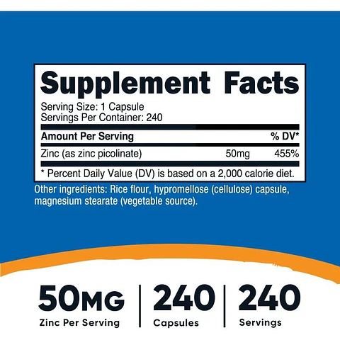 ZINC NUTRICOST PICOLINATE 50 MG PICOLINATO SISTEMA INMUNE 240 CAPSULAS