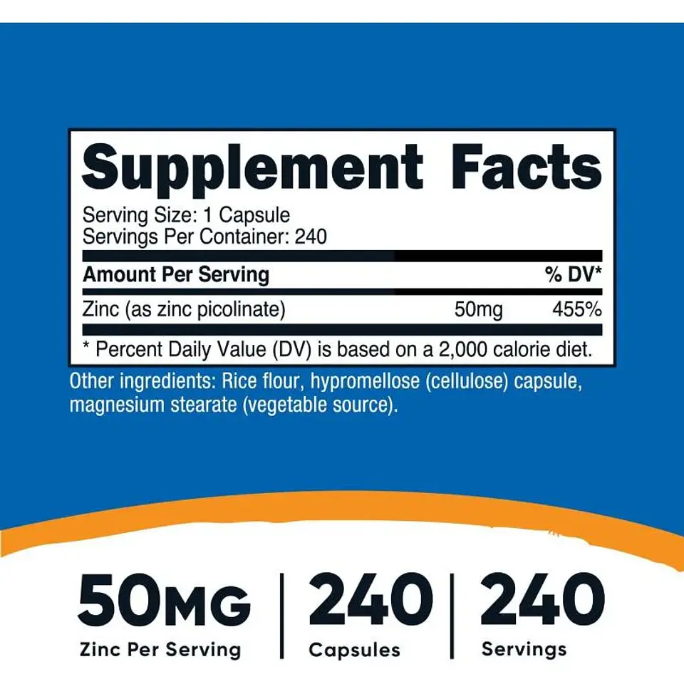 ZINC NUTRICOST PICOLINATE 50 MG PICOLINATO SISTEMA INMUNE 240 CAPSULAS 2