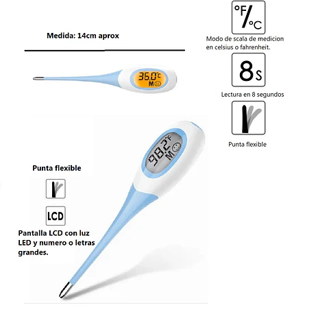 Termometro Digital Celeste Punta Flexible lectura rapida
