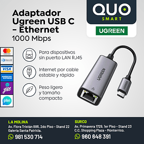 ADAPTADOR ETHERNET USB TIPO C -  GIGABIT ETHERNET MARCA UGREEN