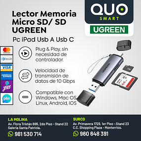 ADAPTADOR USB C 3.1 - USB A 3.0  CARD READER MICRO SD Y SD MARCA UGREEN