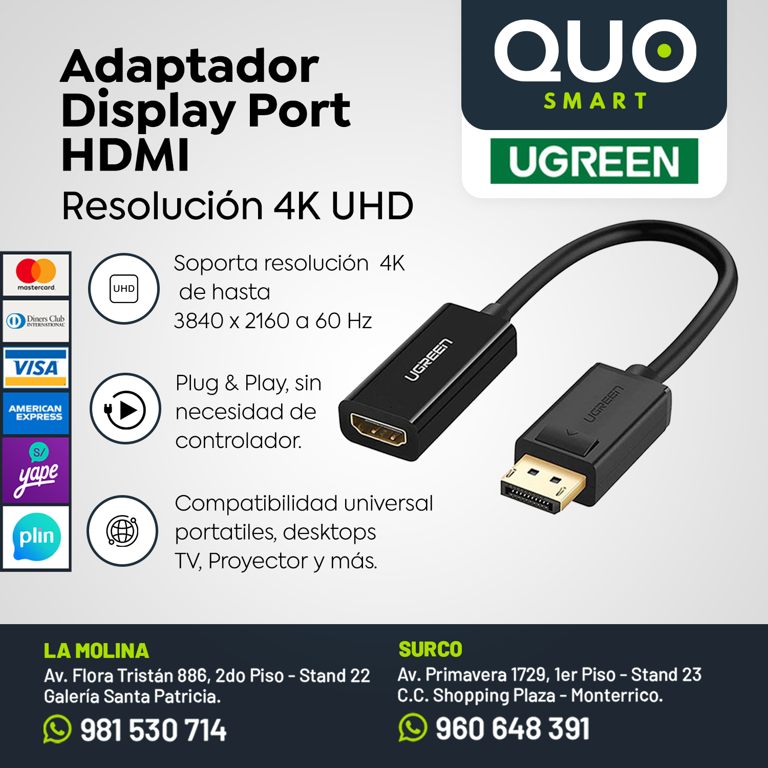 ADAPTADOR UGREEN DISPLAY PORT A HDMI 4K UHD