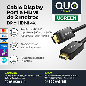 CABLE DISPLAY PORT A HDMI DE 2 METROS MARCA UGREEN