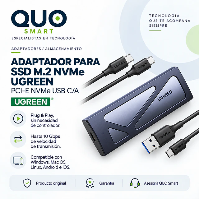 CASE ADAPTADOR UGREEN PARA DISCO M.2 NVME SSD CABLE TIPO C