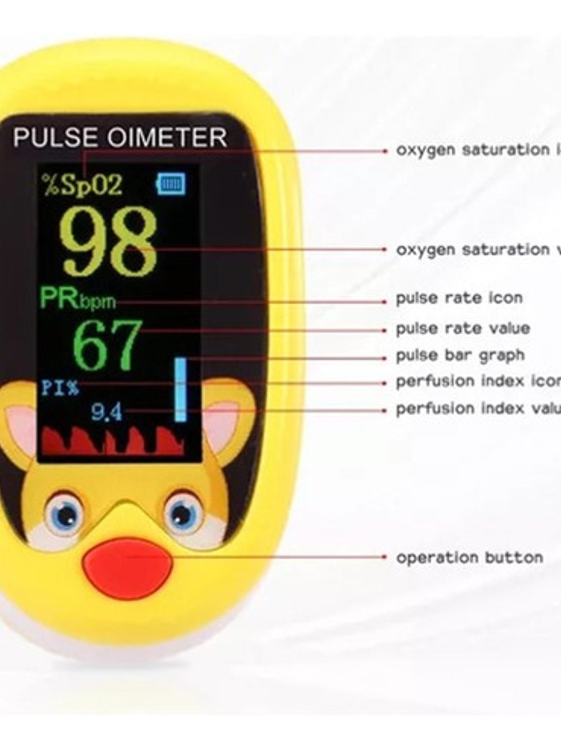 Oxímetro Pediátrico Pulse Oximeter Modelo Conejo Pantalla Oled Azul 6