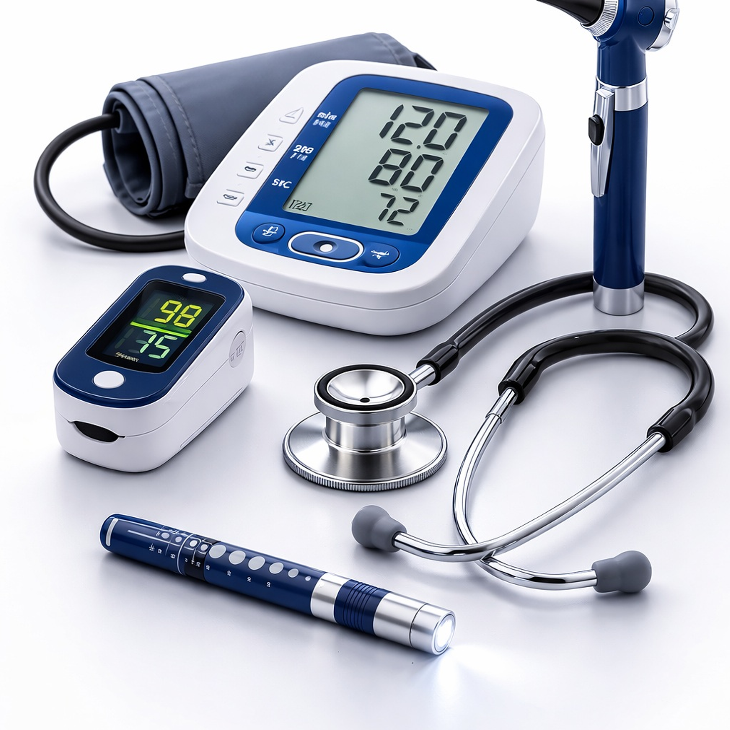 Equipos de diagnóstico médico como oxímetro, fonendoscopio y otoscopio