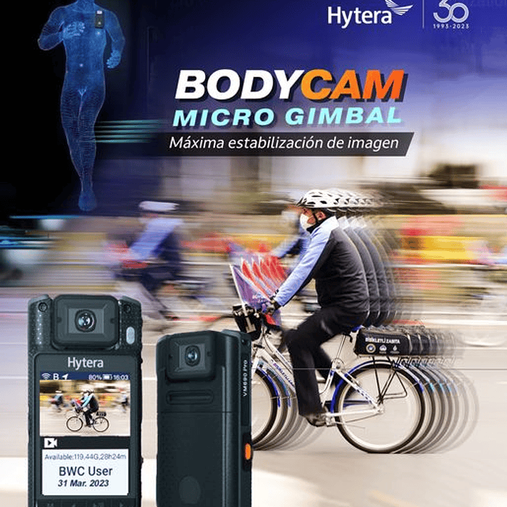 Hytera VM780 BodyCam y Radio PoC 64GB 4G Wifi GPS 216° BT4.2 NFC MIL-STD-810G IP68 Micro USB 205gr Compresión H.265 Codificación AES256 CUMPLE Ley 21659 Precio con iva incluido 25
