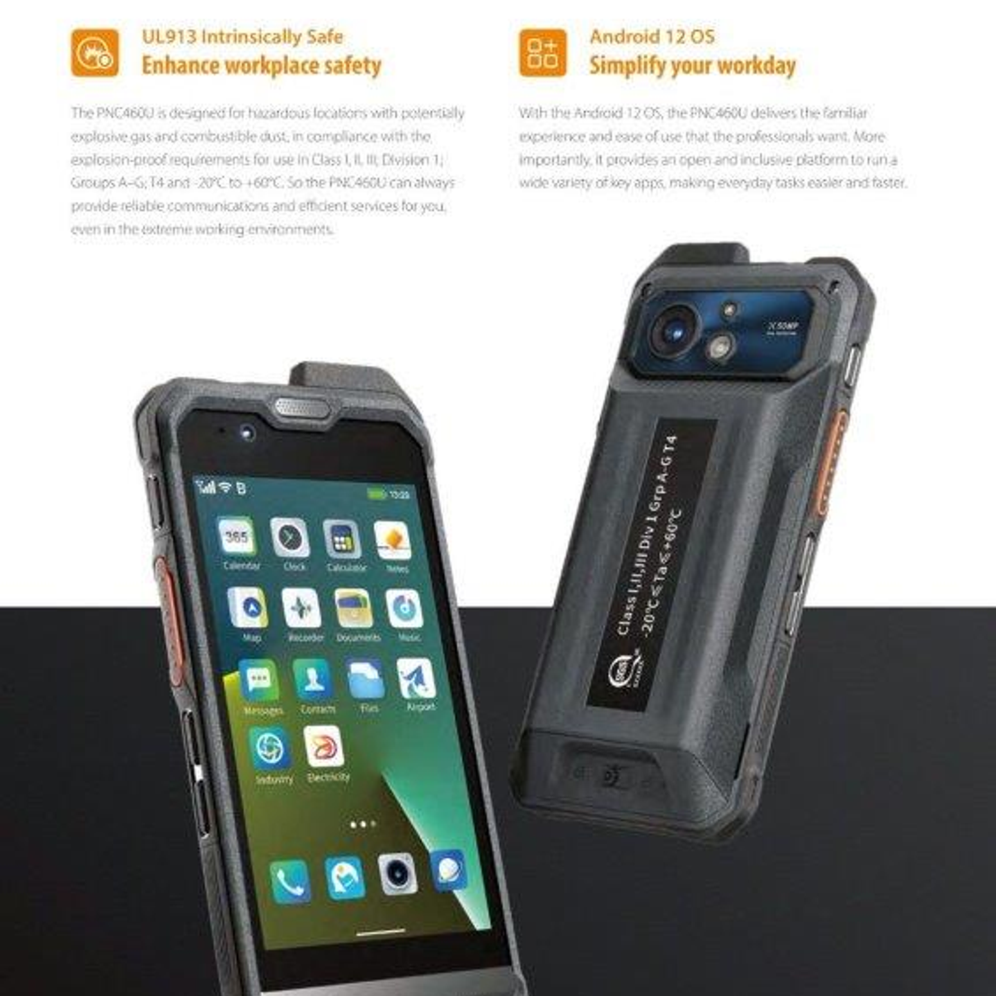 Hytera PNC460 UL913 Smartphone Intrínseco Class I, II, III; Division 1;  Groups A–G; T4 and -20°C to +60°C d for hazardous locations with potentially  explosive gas and combustible dust. 7