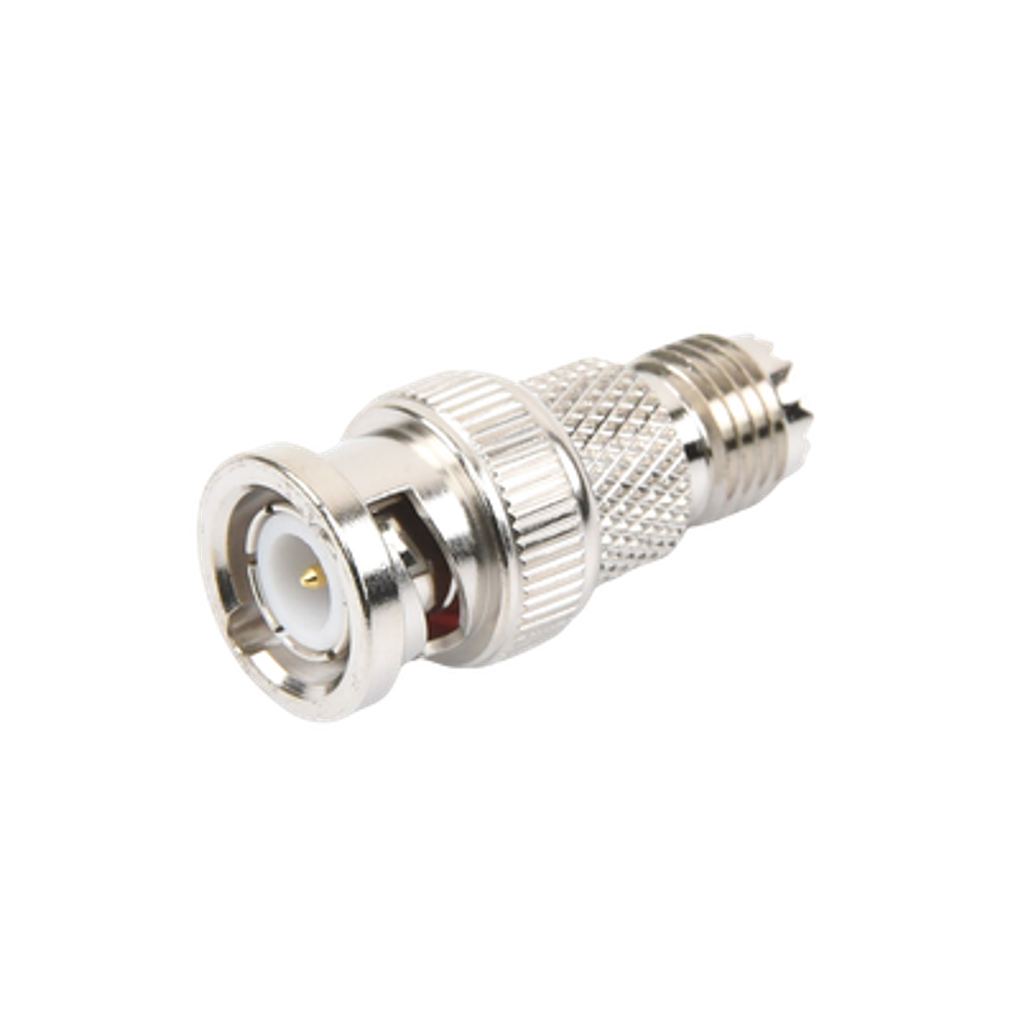 RFU-627 Adaptador en Línea de Conector Mini-UHF Hembra a BNC Macho, Níquel/ Oro/ Teflón. 1