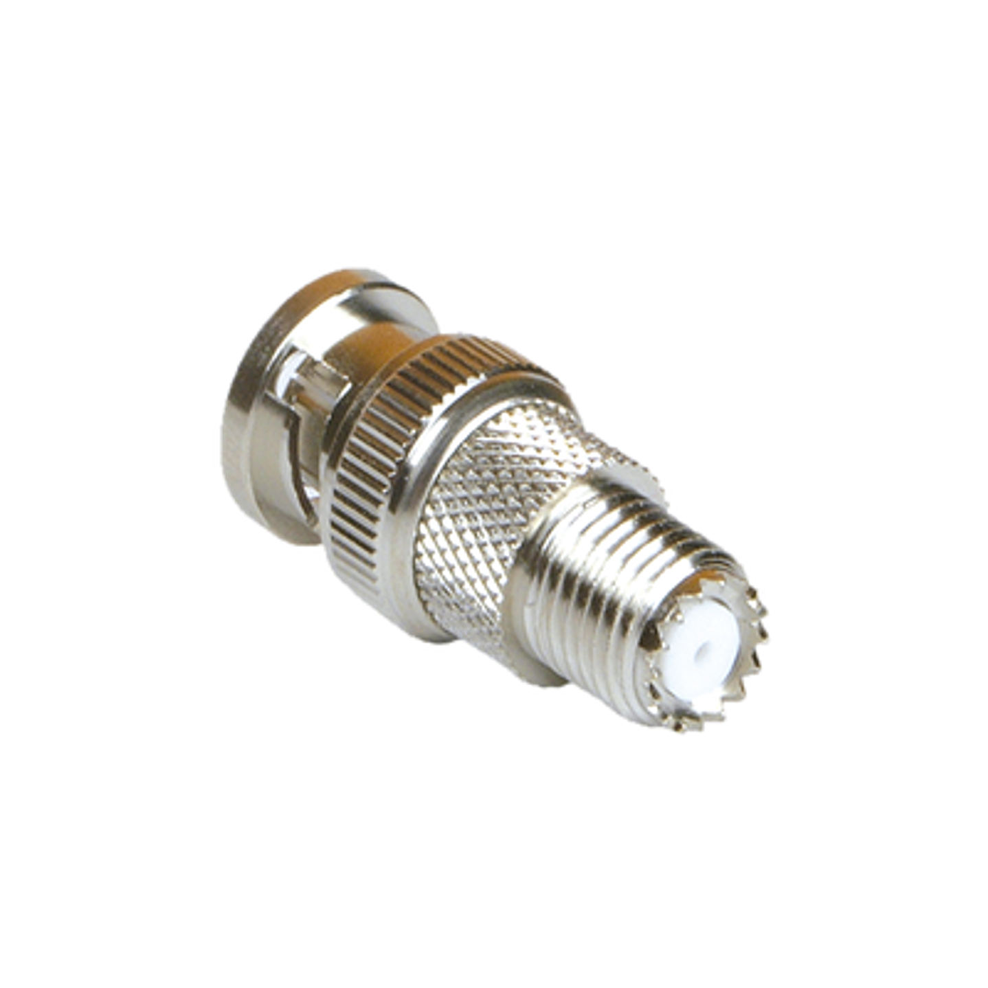 RFU-627 Adaptador en Línea de Conector Mini-UHF Hembra a BNC Macho, Níquel/ Oro/ Teflón. 5