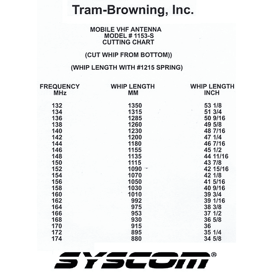 TRAMBROWNING 1153S VHF 136174 MHZ ganancia 3Db Antena 5/8