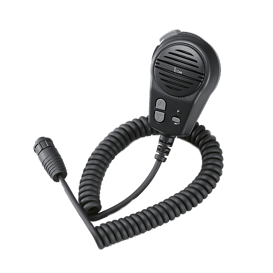 ICOM HM-135 (a pedido) micrófono parlante remoto, equipado con canal UP/DN e interruptor P multifunción, conector de 8 pines, longitud de cable 430 mm (cuando está enrollado), IPX4, de 220 gramos.