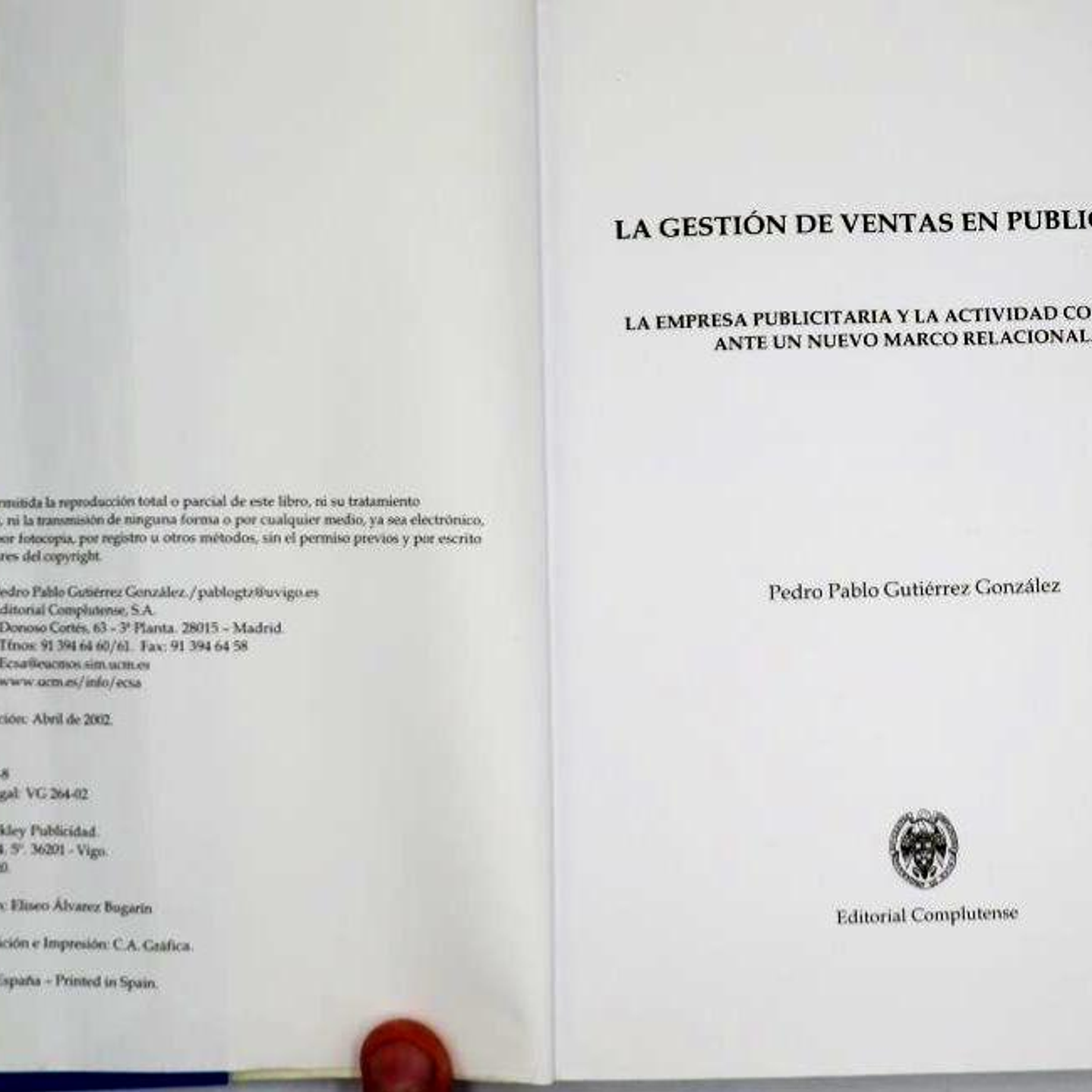 Libro La gestión de ventas en publicidad de Pedro Pablo Gutierrez Gonzalez Editorial Complutense 2002 (USADO) 8