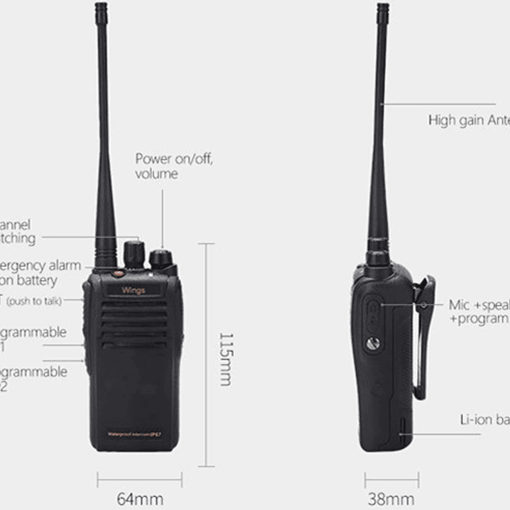 Wings WGIP67U UHF 400-480MHz 16CH Analogo 4W Radio robusto semi profesional ideal para trabajos en nieve, piscinas, lluvia, lacustre, bordes costeros Precio con iva incluido 3