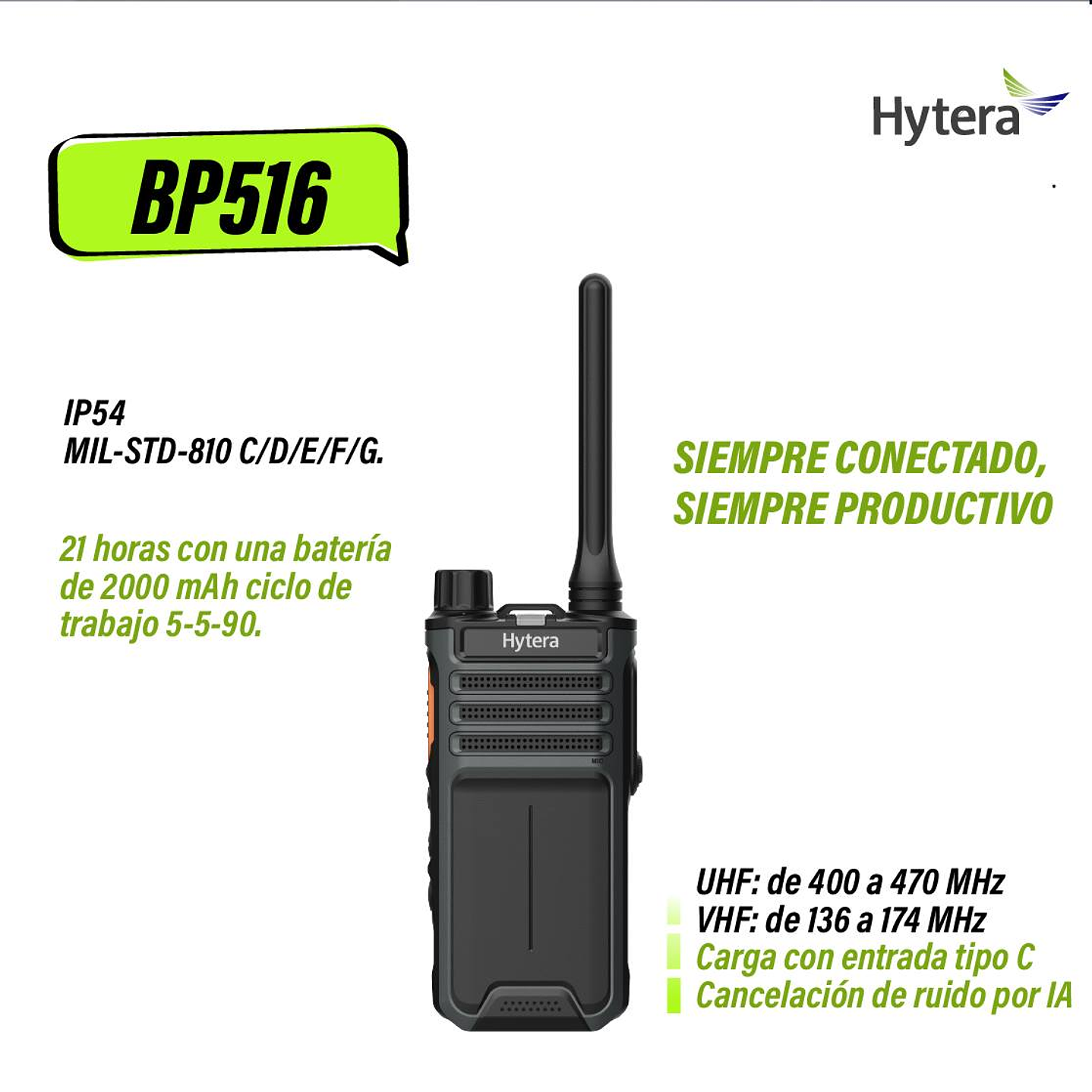 Hytera BP516 UHF1 400-470 MHz 64CH DMR Tier II  4W Radio Portátil Digital Comercial DMR Tier II y análogo sin pantalla Precio con iva incluido 1