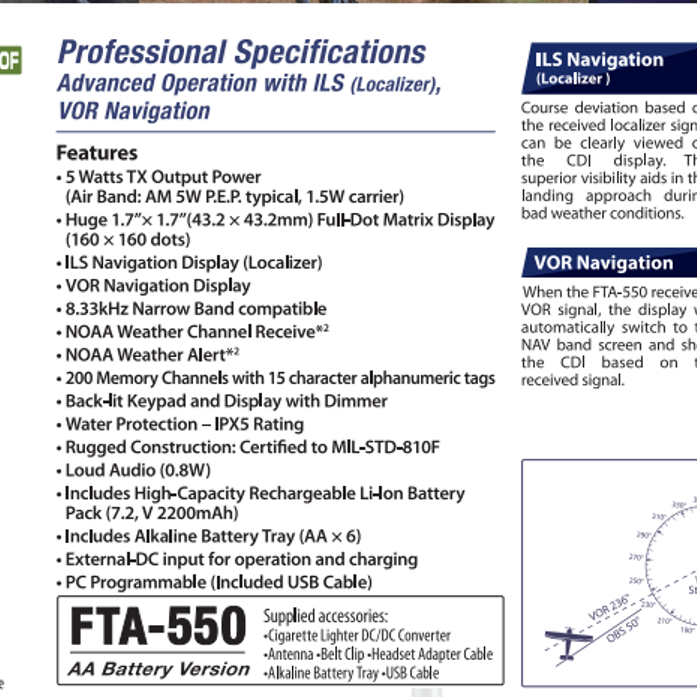 YAESU FTA-550L 200CH Radio de banda aérea IPX5 MIL-STD-810F NOAA, VOR, ILS, NAV Precio con iva incluido 2