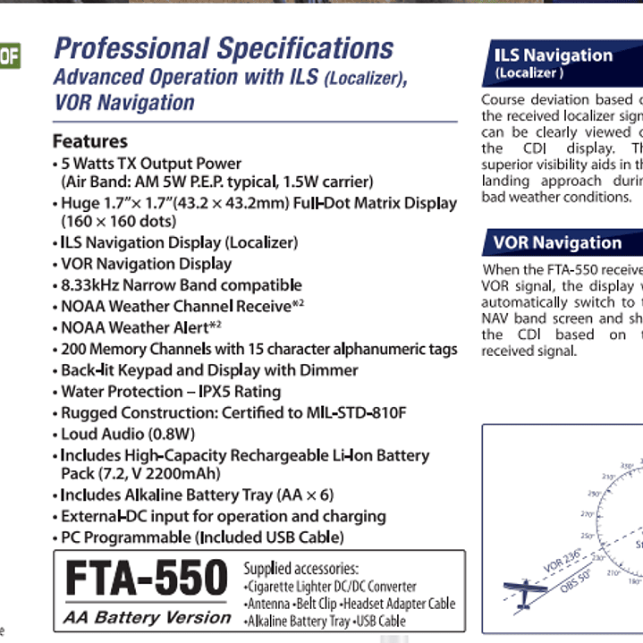 YAESU FTA-550L 200CH Radio de banda aérea IPX5 MIL-STD-810F NOAA, VOR, ILS, NAV Precio con iva incluido 2