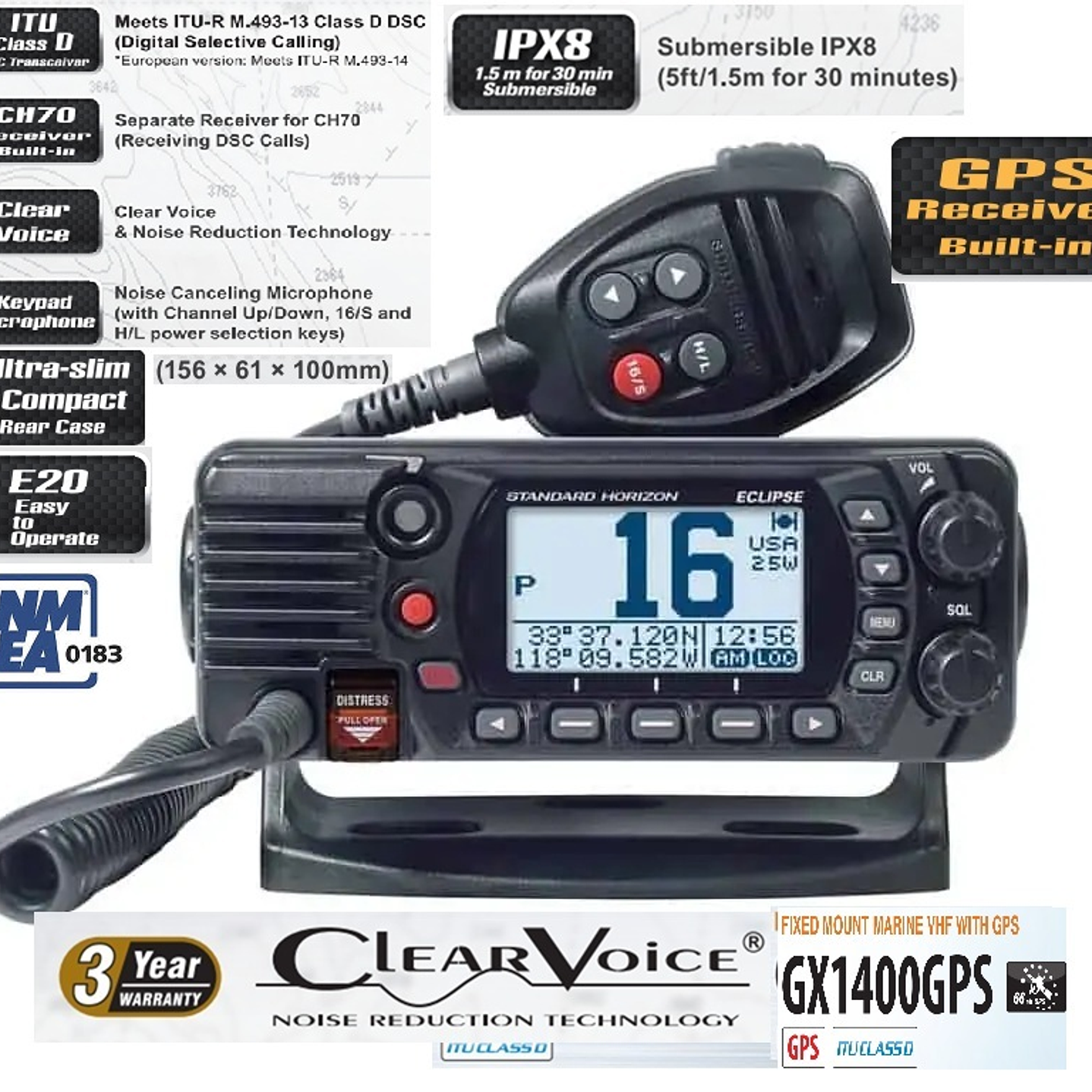 Standard Horizon GX-1400GPS ultra compacto, norma ITU-R M493-13, NMEA0183 Clase D DSC (llamada selectiva digital), E2O fácil de utilizar, IPX8, NOAA con alerta meteorológica Precio con iva incluido 1