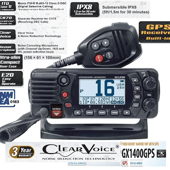 Standard Horizon GX-1400GPS ultra compacto, norma ITU-R M493-13, NMEA0183 Clase D DSC (llamada selectiva digital), E2O fácil de utilizar, IPX8, NOAA con alerta meteorológica Precio con iva incluido 1