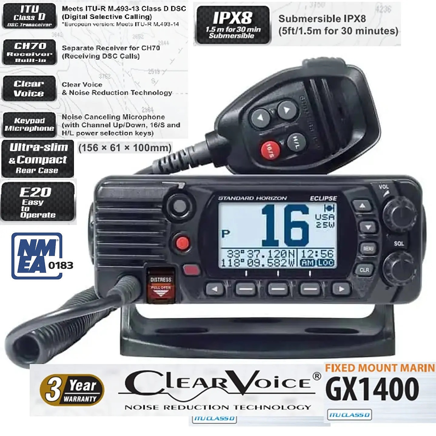 Standard Horizon GX-1400 ultracompacto, norma ITU-R M493-13 Clase D, NMEA0183 DSC (llamada selectiva digital), E2O fácil de utilizar, IPX8, NOAA con alerta meteorológica Precio con iva 1