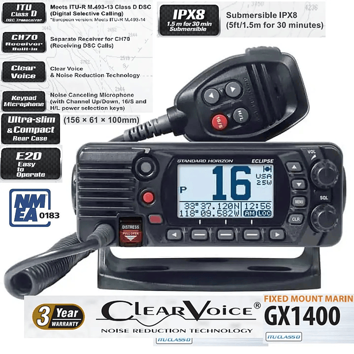 Standard Horizon GX-1400 ultracompacto, norma ITU-R M493-13 Clase D, NMEA0183 DSC (llamada selectiva digital), E2O fácil de utilizar, IPX8, NOAA con alerta meteorológica Precio con iva 1