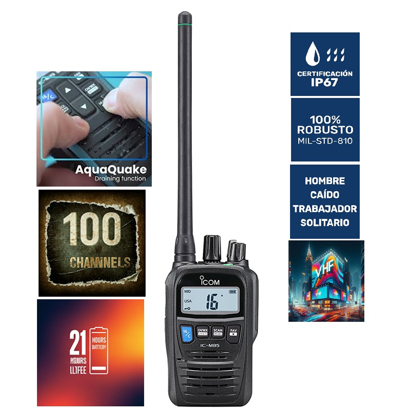 ICOM IC-M85 100CH 5W Radio portátil  terrestre y marina combinada, IP67, MIL-STD-810G, MOB, MAN DOWN, LONE WORKER, AQUAQUAKE, 21 Hours (Importación 5 semanas) Precio con iva incluido 1