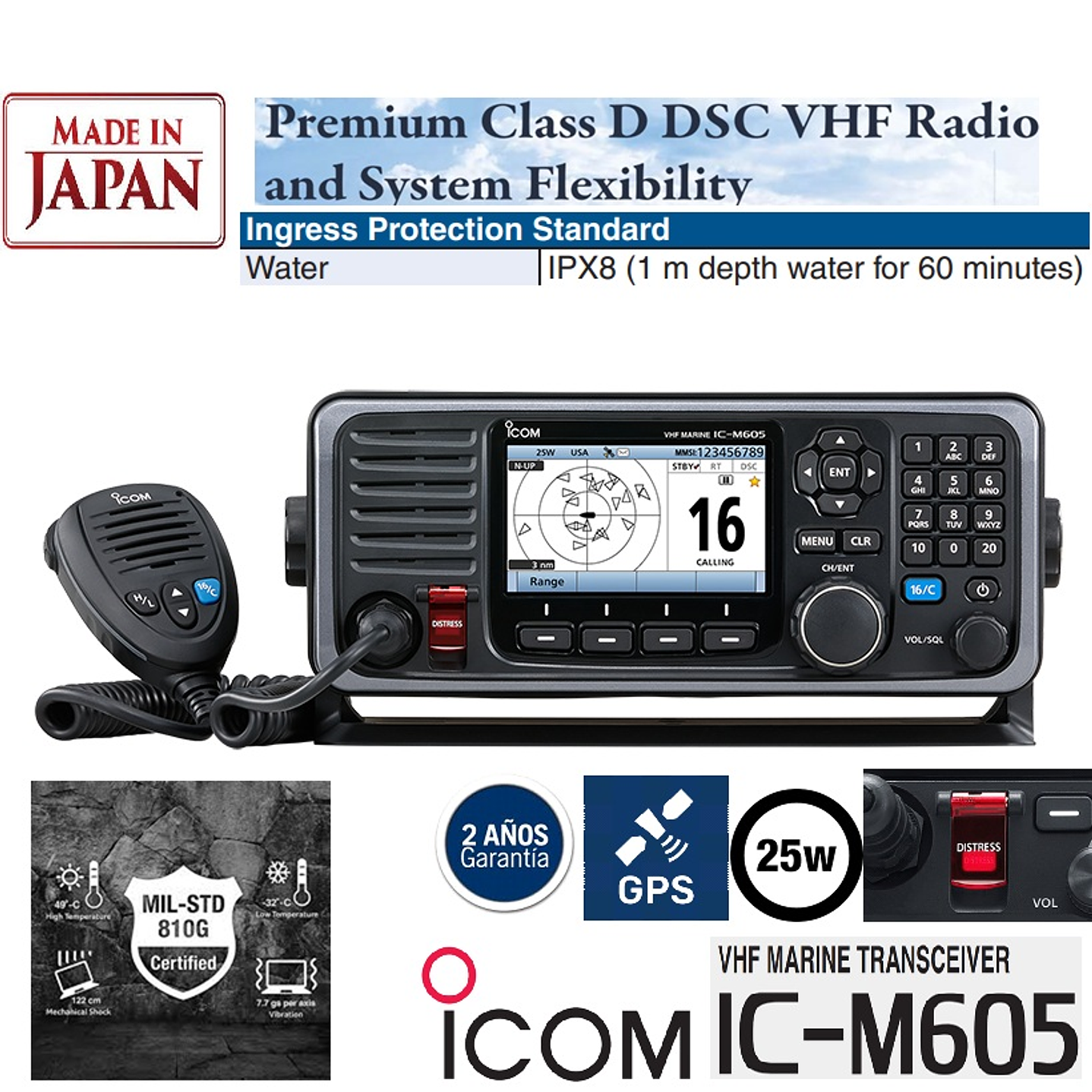 ICOM IC-M605 (sin AIS) 25W Radio Móvil de montaje fijo VHF IPX8, DSC de Clase D,  NMEA0183, NMEA2000, NOAA Alert, Aquaquake (Importación a pedido 5-6 semanas) Precio con iva incluido 1