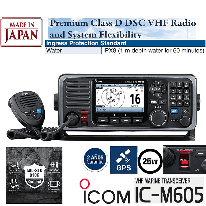 ICOM IC-M605 (sin AIS) 25W Radio Móvil de montaje fijo VHF IPX8, DSC de Clase D,  NMEA0183, NMEA2000, NOAA Alert, Aquaquake (Importación a pedido 5-6 semanas) Precio con iva incluido 1
