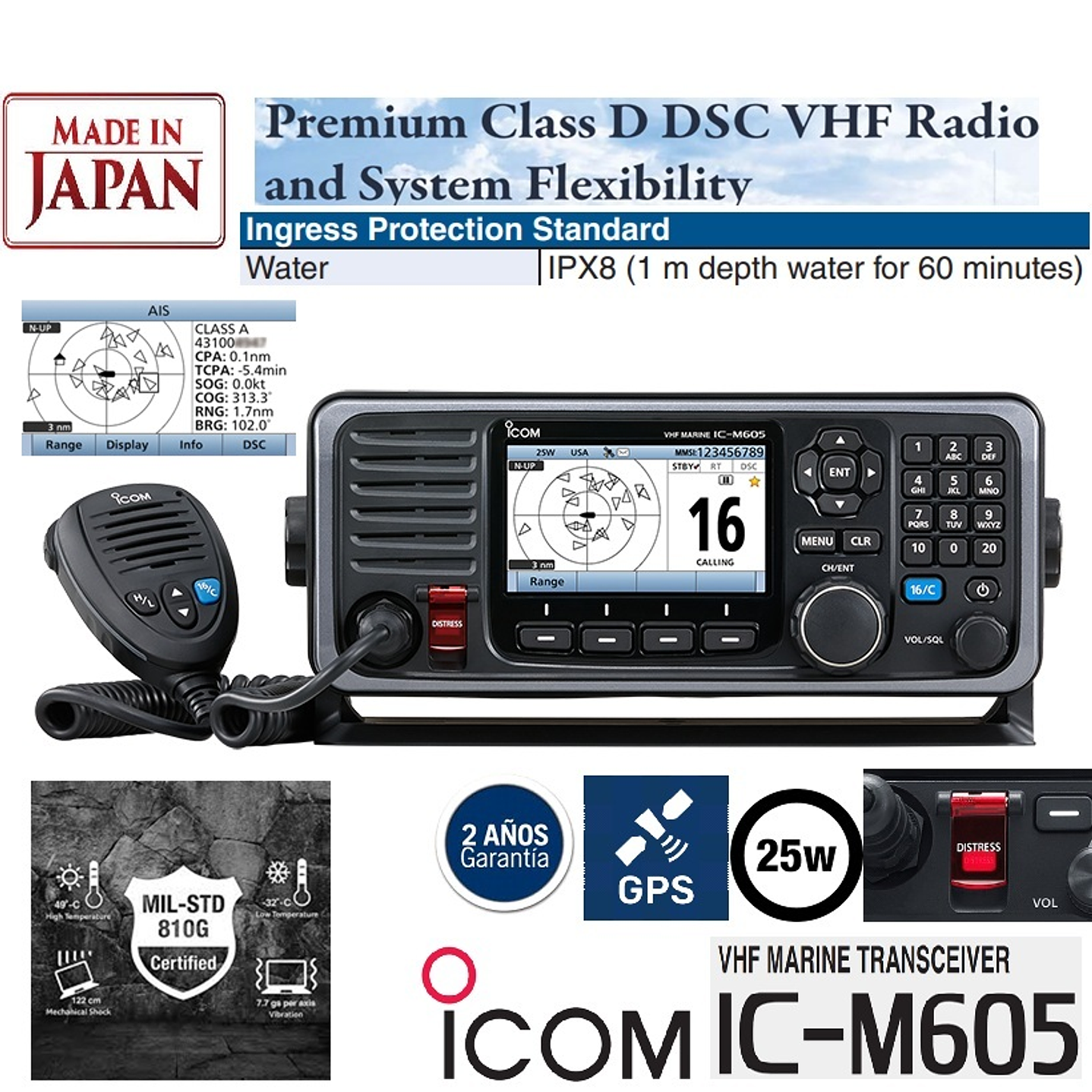 ICOM IC-M605AIS 25W Radio Móvil de montaje fijo VHF IPX8, DSC de Clase D, NMEA0183, NMEA2000, NOAA Alert, Aquaquake (Importación a pedido 5 semanas) Precio con iva incluido 1