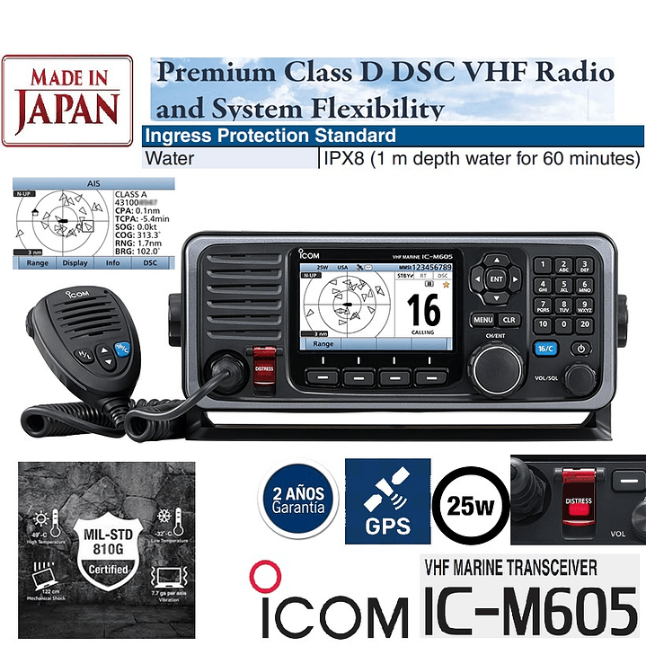 ICOM IC-M605AIS 25W Radio Móvil de montaje fijo VHF IPX8, DSC de Clase D, NMEA0183, NMEA2000, NOAA Alert, Aquaquake (Importación a pedido 5 semanas) Precio con iva incluido 1
