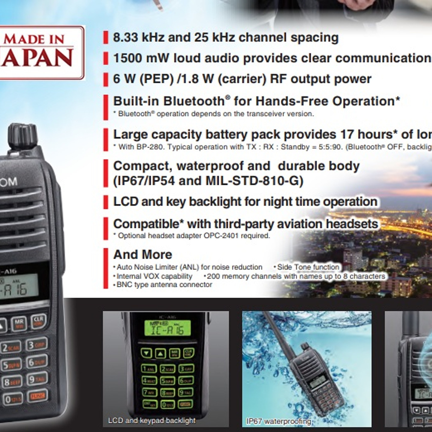 ICOM IC-A16B (con  Bluetooth) 200CH Memoria 6W Radio tierra-aire de 8,33/25 kHz Audio 1500 mW, IP67, MIL-STD-810-G, NOAA Alert  (A pedido por importación) Precio con iva incluido 1