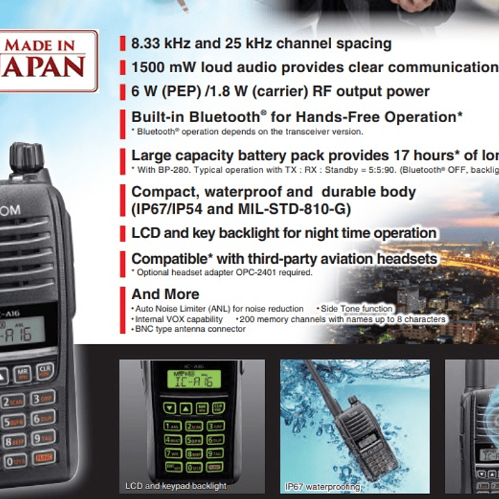 ICOM IC-A16B (con  Bluetooth) 200CH Memoria 6W Radio tierra-aire de 8,33/25 kHz Audio 1500 mW, IP67, MIL-STD-810-G, NOAA Alert  (A pedido por importación) Precio con iva incluido 1