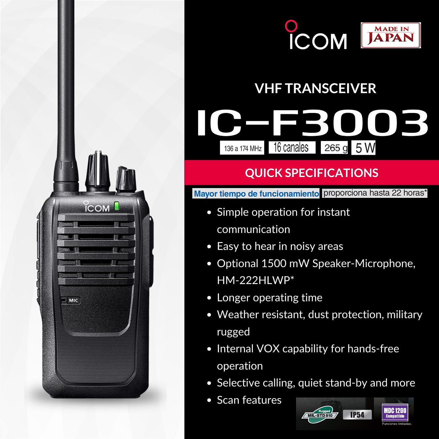 ICOM IC-F3003 VHF 136MHz–174 MHz 16CH Analogico 5W Radio Analogica IP54 y MIL-STD-810, Lone Worker Made in Japan Precio con iva incluido 1