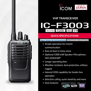 ICOM IC-F3003 VHF 136MHz–174 MHz 16CH Analogico 5W Radio Analogica IP54 y MIL-STD-810, Lone Worker Made in Japan Precio con iva incluido