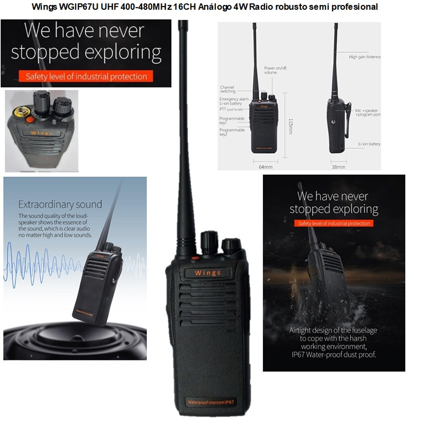 Wings WGIP67U UHF 400-480MHz 16CH Analogo 4W Radio robusto semi profesional ideal para trabajos en nieve, piscinas, lluvia, lacustre, bordes costeros Precio con iva incluido 1