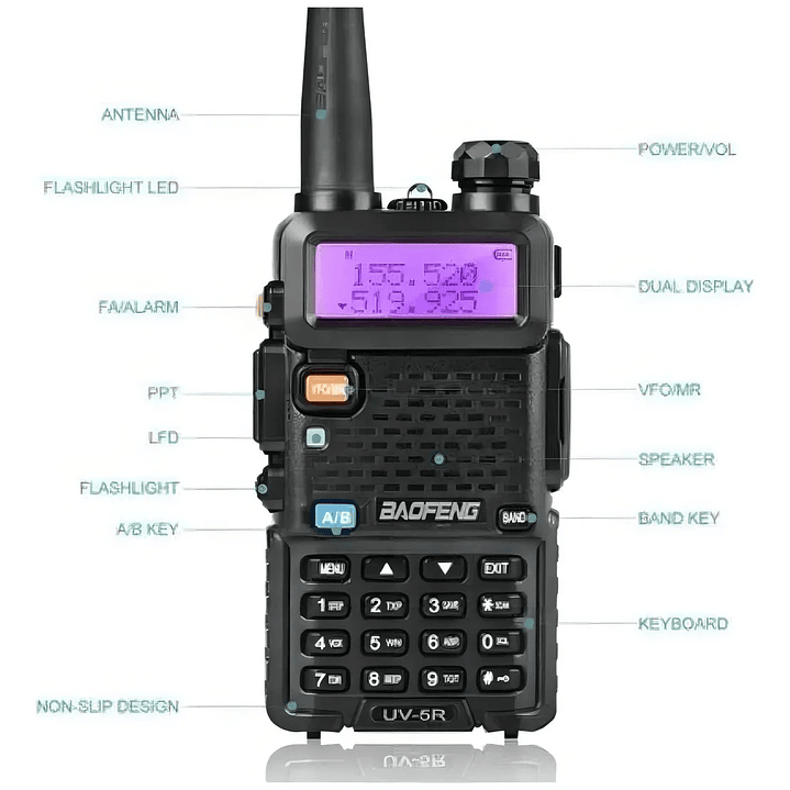 BAOFENG UV-5R VHF 136-174 Mhz/UHF 400-520 Mhz 128CH Analogico 4W Radio dual band portátil de dos vías programable con teclado Precio con iva incluido 11