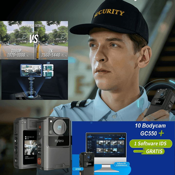 Hytera GC550 (10 unidades) + IDS Bodycam 64GB 150° AES256 USB Tipo C IP67 9hr trabajo continuo CUMPLE Ley 21659 Seguridad Privada Precio con iva incluido 5