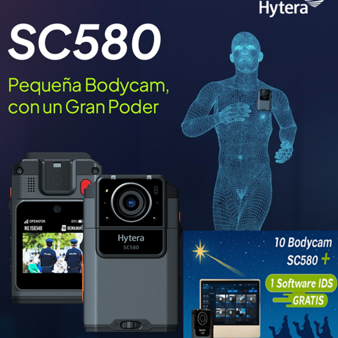 10 Hytera SC580 Bodycam +IDS 64GB y Radio PoC 4G 121°-150° IP68 158gr BT5.1 GPS Wifi Simcard Pre/Post Grabado de vídeo Vídeo Cifrado AES256 12 Horas grabación continua Cumple ley 21659 Precio con iva 2