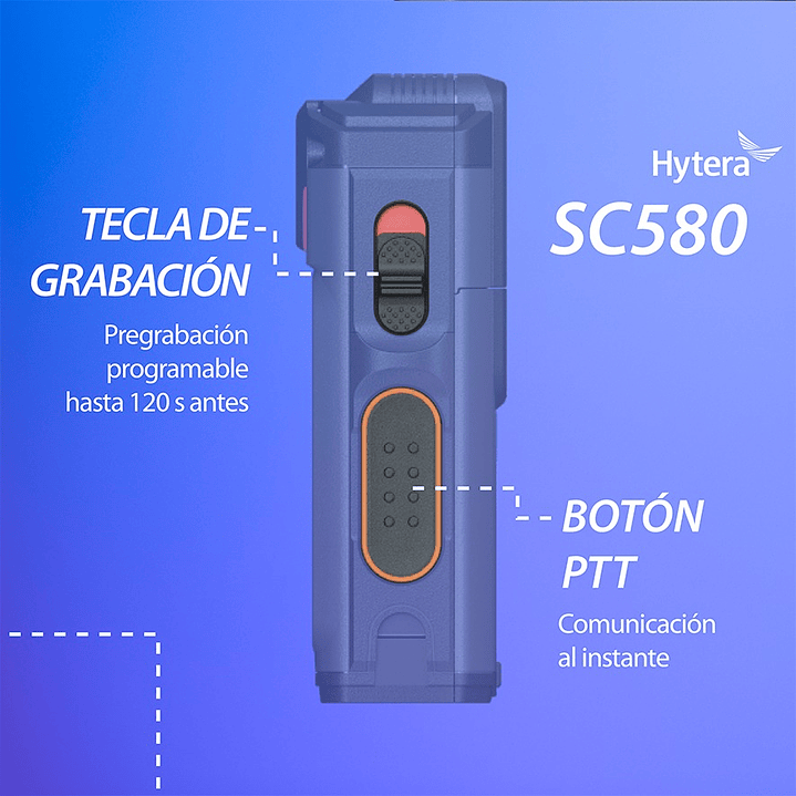 10 Hytera SC580 Bodycam +IDS 64GB y Radio PoC 4G 121°-150° IP68 158gr BT5.1 GPS Wifi Simcard Pre/Post Grabado de vídeo Vídeo Cifrado AES256 12 Horas grabación continua Cumple ley 21659 Precio con iva 54