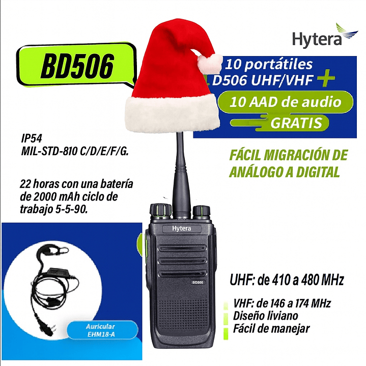 10 Hytera BD506 VHF + 10 EHM10A Auriculares 136-174 MHz 48 CH Digital DMR y Analogico 5W Radio sin pantalla con cancelación de ruido Precio con iva incluido 1