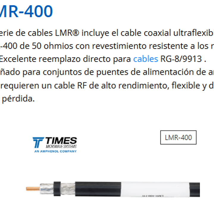 50 metros Times Microwave LMR400 Cable coaxial tipo RG/8 50Ω bajas perdidas Precio con iva incluido 1