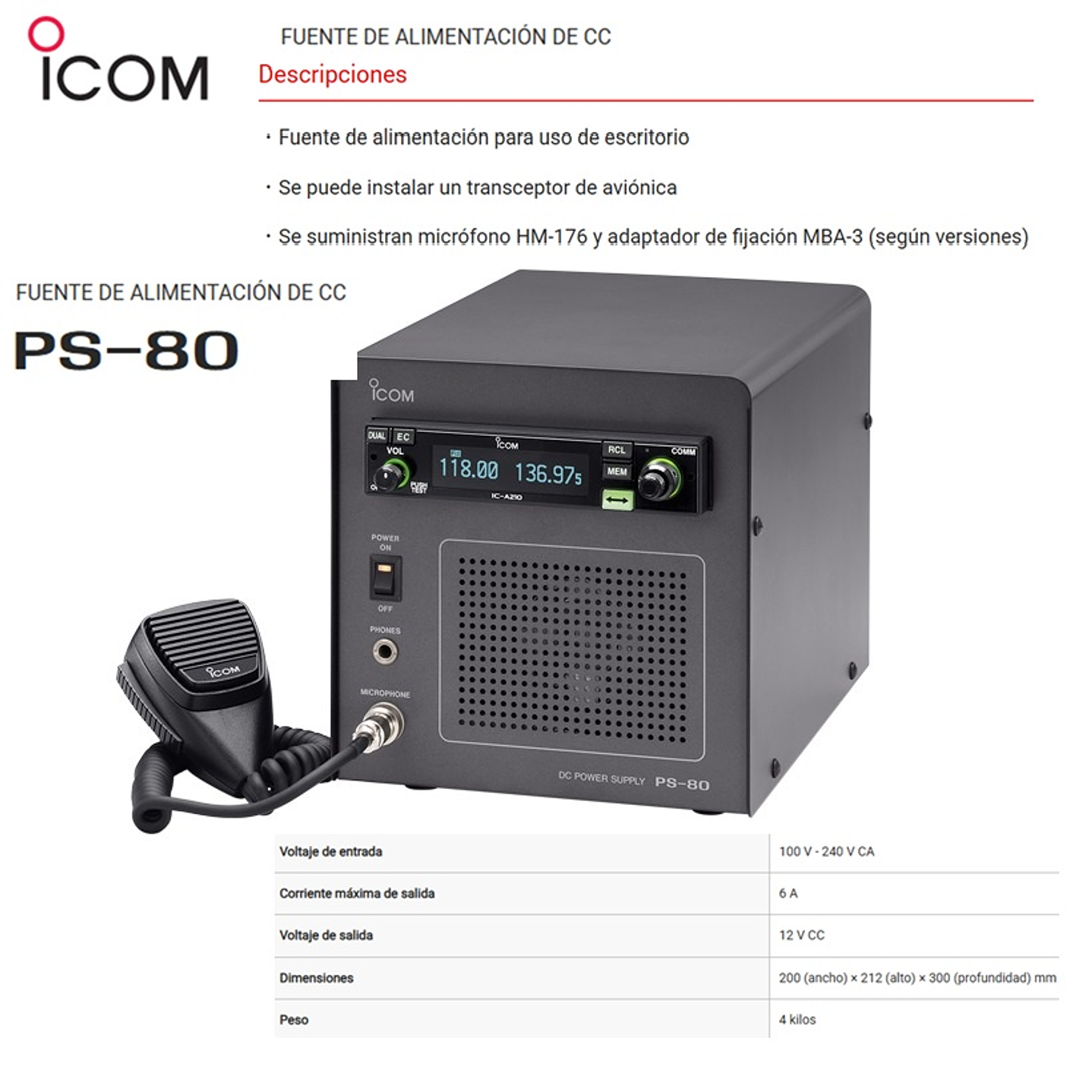 ICOM PS-80 Gabinete con fuente de alimentación CC para radio de banda aérea IC-A220 (Importación 4-6 semanas) Precio con iva incluido  1