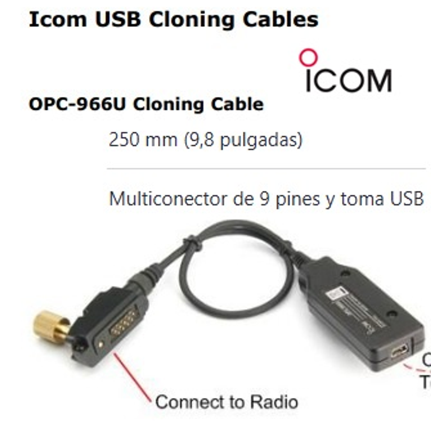 ICOM OPC-966U Cable de programación de radios con adaptador USB compatible IC-F50 IC-F60 IC-F50V IC-F60V IC-F3061 IC-F4061 IC-F3161D IC-F4161D (Importación a pedido 4-6 semanas) Precio con iva incluid