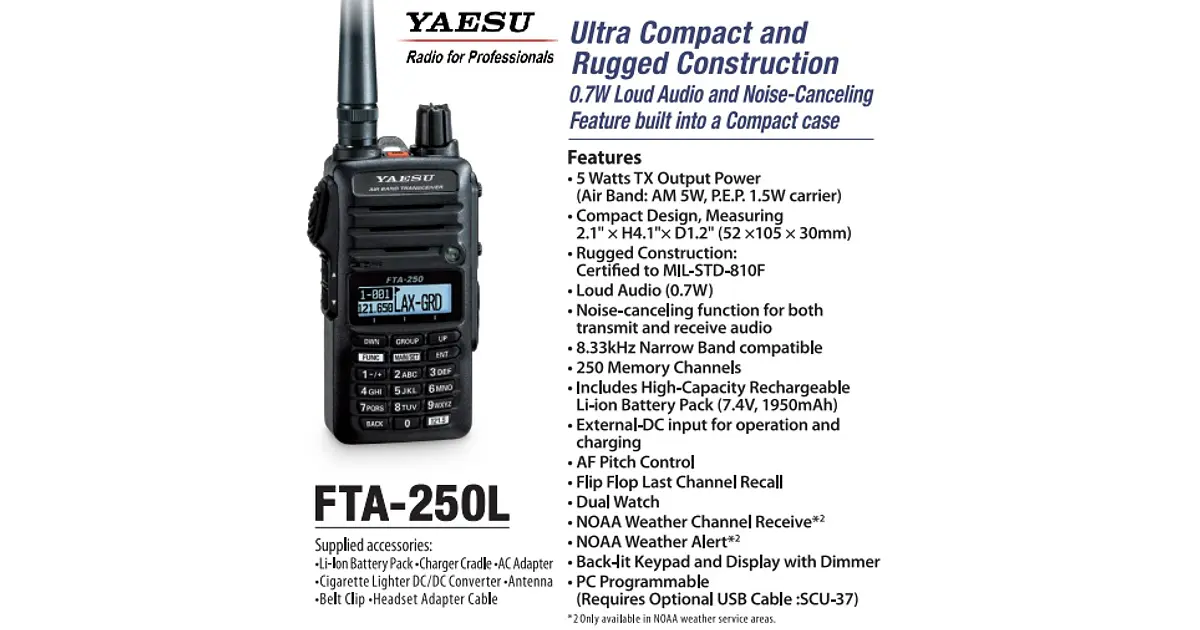 Yaesu FTA-250L es un transceptor Airband compacto (SÓLO COMU